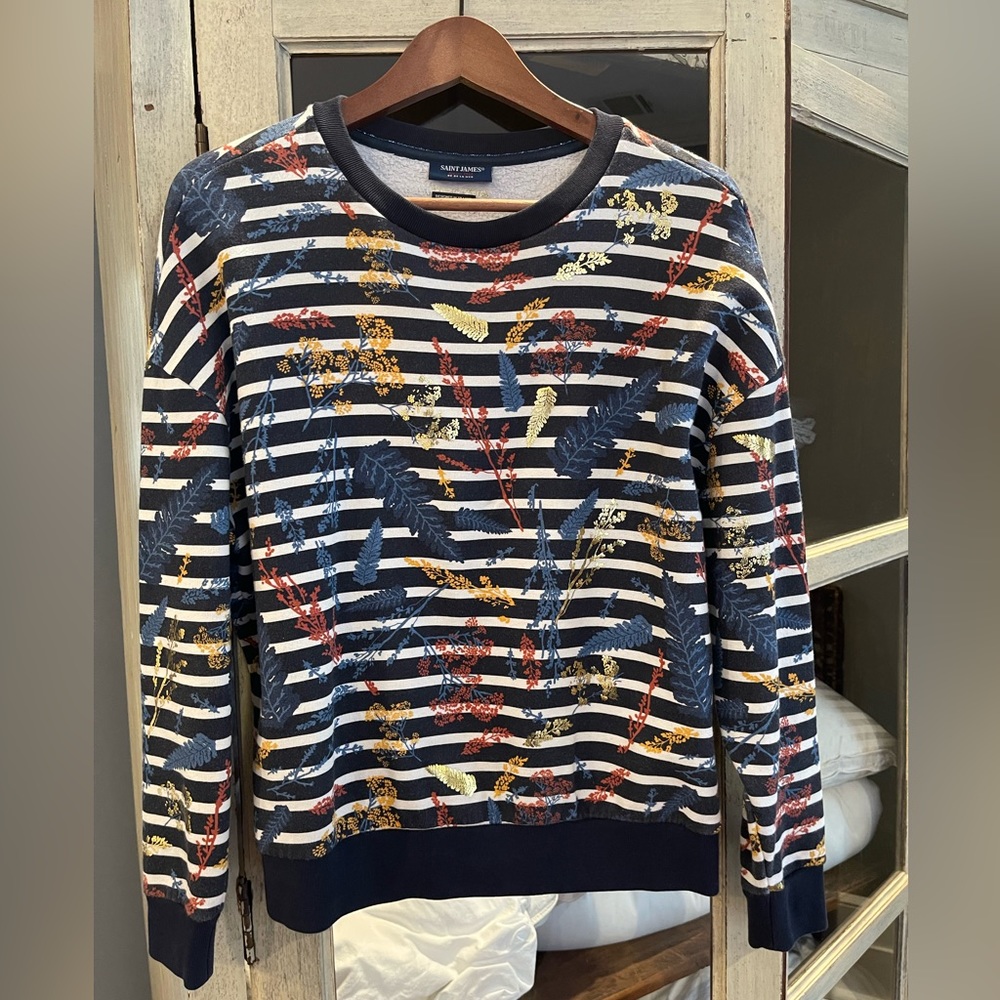 Saint James Vintage Cotton Sweatshirt Sweater Women Navy Blue Striped Sz 8 Small